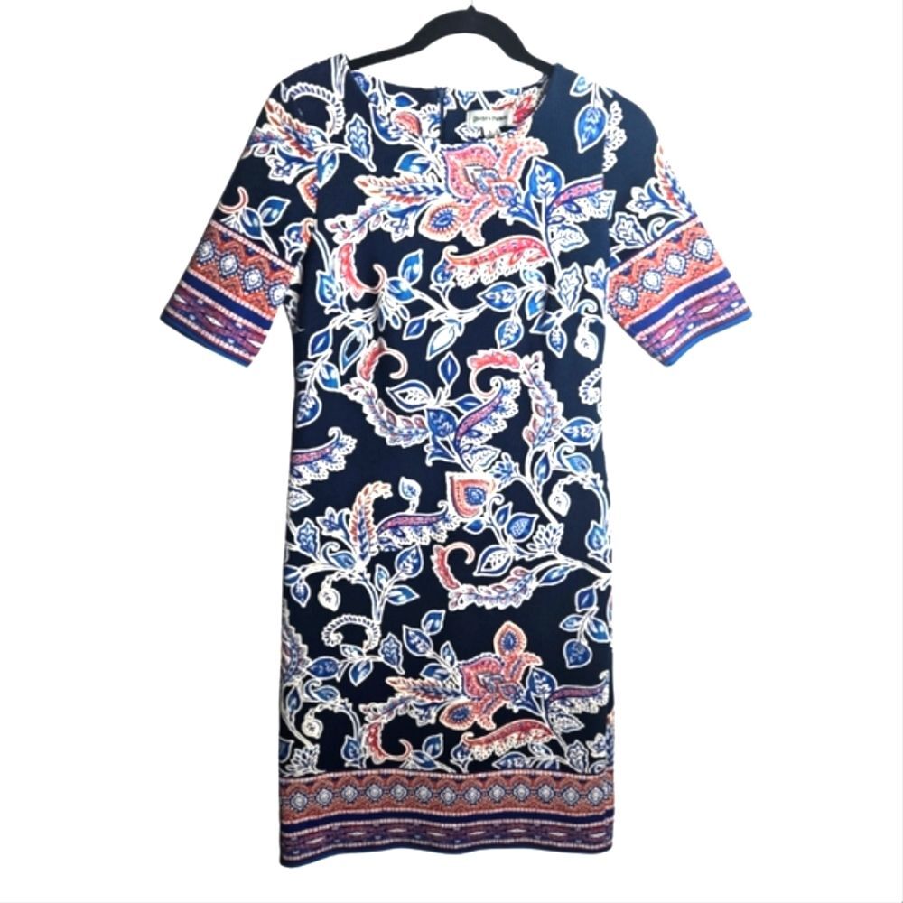 Shelby & Palmer Paisley Floral Stretch Midi Dress Boho Bodycon Textured Size 6